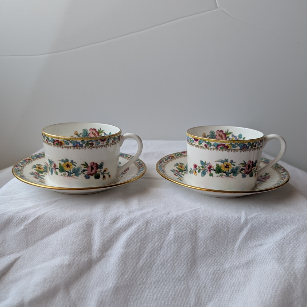 Coalport Ming Rose Bone China Floral Gold Detail Flat Cups With Saucers - 2